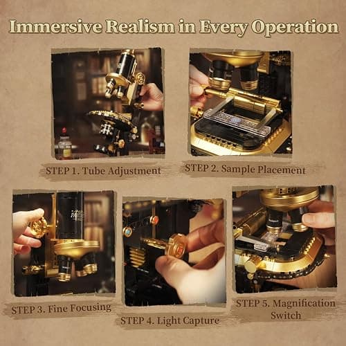 PANTASY Retro Microscope Building Kit for Adults, Antique Science Instrument Model with Mechanical Design, Brass Finish & Lab Accessories, Collectible Display Brick Set thumbnail 3