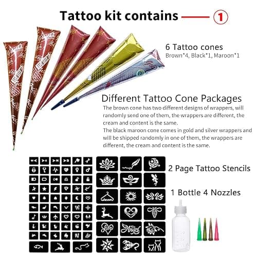 11 Sheets total 84 Tattoo Patterns, 6 Pcs 3 Color (Brown Black Maroon) Temporary Tattoo Kit, Tattoo Stencils Kit thumbnail 2