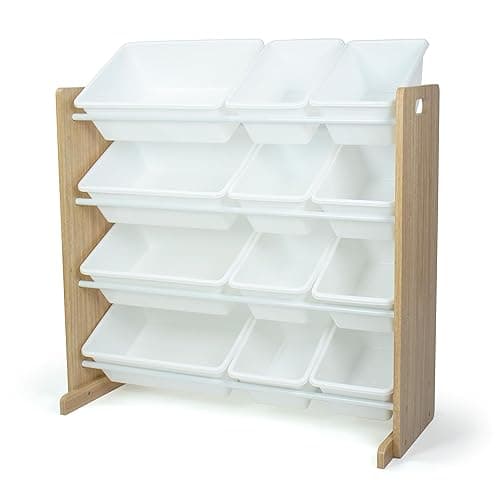 Humble Crew Kids Toy Organizer with 12 Bins, 4 Tier Storage for Playroom | Sturdy wood and steel toddler shelf, removable BPA-free containers, wall anchor anti-tip safety kit for bedroom or classroom - Image 1