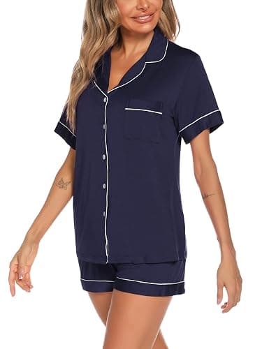 Aamikast Button Up Pajama Set for Women Shorts Short Sleeve Knit Sleepwear 2 Pice Pjs Sets thumbnail 4