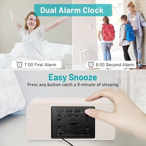 Andoolex Wooden Digital Alarm Clock with Wireless Charging, 0-100% Adjustable Brightness Dimmer and Volume, Weekday/Weekend Mode, Dual Alarm, Snooze, 12/24H, Wood LED Clock for Bedroom (White) thumbnail 6