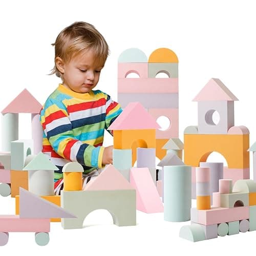 34 Large Foam Blocks for Toddlers - Pastel Stacking Soft Blocks for Kids | 34 jumbo soft EVA foam blocks in pastel colors - stack, build and float in the bath. Storage bag included. Non-toxic, ages 3+ - Image 1