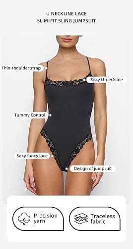 RUNOUTGK Womens Lace Bodysuit Sexy Adjustable Spaghetti Strap Cami Top Slimming Cute Dance Party Lounge Shapewear Romper thumbnail 3