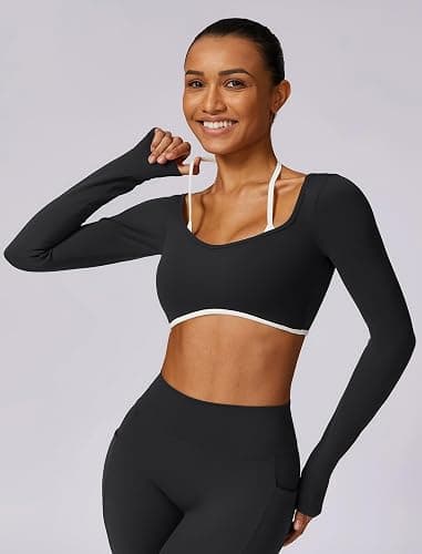 ABOCIW Long Sleeve Workout Tops for Women with Built in Bra Halter Open Back Croped Gym Top Yoga Athletic Shirts thumbnail 3