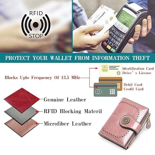 SENDEFN Small Womens Wallet Leather Bifold Card Holder RFID Blocking with Zipper Coin Pocket - 1-Wax-A-Pink thumbnail 5
