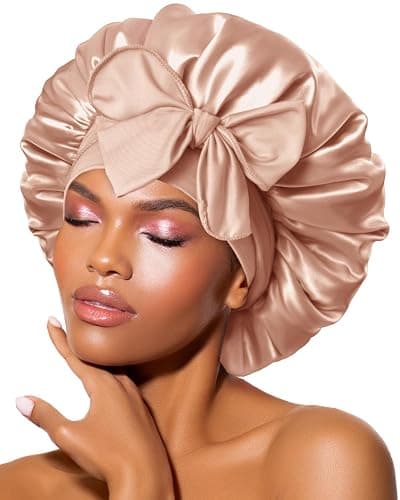 BONNET QUEEN Silk Bonnet for Sleeping for Curly Hair, Satin Bonnet Hair Wrap for Women & Men, Adjustable Silk Scarf Night Cap with Tie Band, Champagne - Image 1