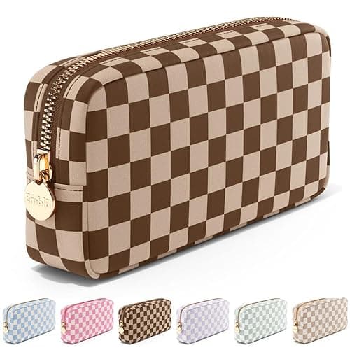 Makeup Bag Travel Cosmetics Pouch and Toiletry Bag, Nylon Zipper Pouch Purse, Cute Make Up Organizer Storage Tote for Women Girls, Travel Skincare Case, Small Makeup Case, Chocolate Sand Checkered - Small - Chocolate Sand Checkered