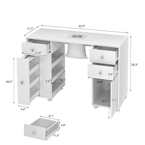 VOWNER Manicure Table Nail Tech Desk with Dust Collector & Storage Drawers | Acetone-Resistant Nail Table, Beauty Salon Station with Dust Bags & Cabinet, Rolling Nail Desk with Lockable Wheels, White thumbnail 2