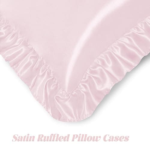 Homiest Ruffled Satin Sheets Full Size 6pc Set - Blush Pink Bed Sheet Set with 15 Inch Deep Pocket Fitted Sheet, 1 Flat Sheet, 2 Ruffled Pillow Shams & 2 Pillowcases, Similar to Silk Sheets thumbnail 5