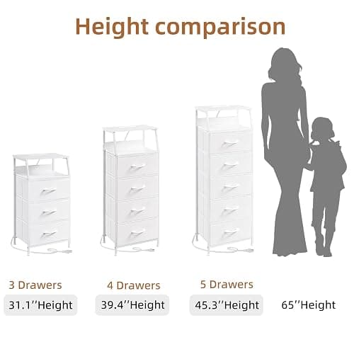 Somdot White Nightstand with Charging Station and LED Light for Bedroom, Tall 5 Drawers Dresser with Fabric Bins for Bedside Kids Dorm Room Closet Laundry Entryway, White Leather - 11"D x 16.5"W x 45.3"H (5 Drawers) - White Leather thumbnail 9