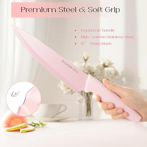 Astercook Knife Set with Block and Sharpener, 22 Piece Kitchen Knife Set Dishwasher Safe, Space-Saving Clear Knife Block with Knives for Everyday Home Cooking Pink thumbnail 5