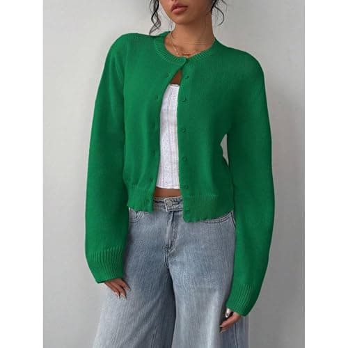 AYziemezm Women’s Cropped Cardigan Sweater Button Down Open Front Long Sleeve Crewneck Sweaters Knit Sweater Warm Clothes thumbnail 3