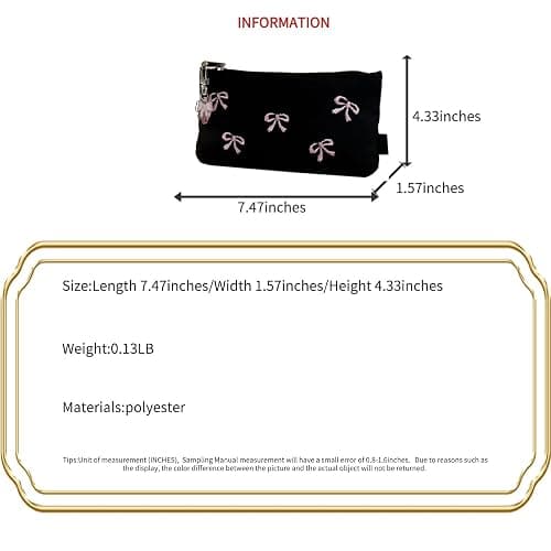 BlingKicks Black Bow Embroidery Pencil Case Pouch Organizer with Pins and Accessoriesm-Minimalist Large Capacity for Adults (Black+1 bow pendant) thumbnail 3