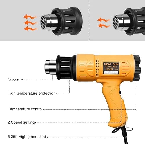 SEEKONE Heat Gun 1800W 122℉-1202℉（50℃- 650℃）Fast Heating Heavy Duty Hot Air Gun Kit Variable Temperature Control Overheat Protection with 4 Nozzles for Crafts, Shrinking PVC, Stripping Paint(5.2FT) thumbnail 4