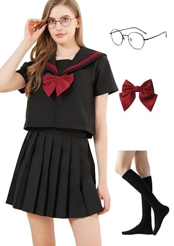 Yarawphy Women's Japanese School Girls Uniform Sailor Costume Long Sleeve Anime Cosplay Pleated Skirt with Glasses Socks - Image 1