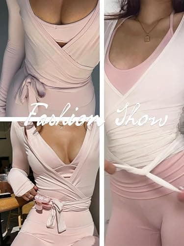 Danysu Ballet Wrap Tops Long Sleeve Cross Tie Crop Shirts Deep V-Neck Dance Clothes Fall Cardigans thumbnail 3