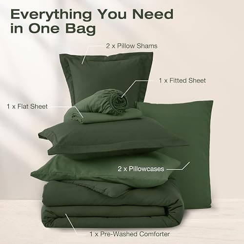 Sasttie Queen Comforter Set 7-Piece Dark Green, Pre-Washed Bed in a Bag | Soft & Breathable, All-Season Bedding Set with Comforter, Sheets, Pillowcases & Pillow Shams, OEKO-TEX, Down Alternative thumbnail 6