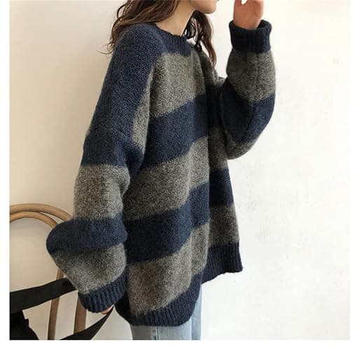 CENLLE Winter 90s Grunge Aesthetic Streetwear Sweater Retro Y2k Vintage Gothic Loose Women Knit Pullover Striped Jumper - One Size - Blue07 thumbnail 3