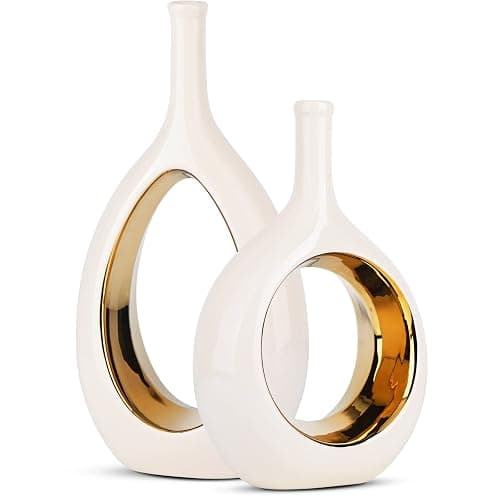 White and Gold Vase Ceramic White Vases Home Decor,Modern Minimalist Circle with Hole Decorative Vase, Hollow Ellipse Flower vases for Bookshelf, Fireplace Mantle, Centerpieces,Farmhouse,Rustic Décor - Image 1