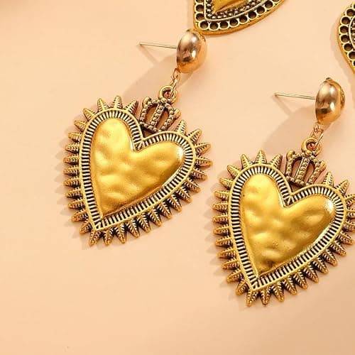Statement Heart Gold Drop Earrings For Fashion Women Hammered Textured Sunburst Border Vintage Boho Dangle Ear Jewelry Gift Fashion Party Daily Wear thumbnail 4