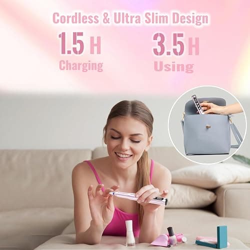 Denabuty Electric Nail Drill Cordless 35000RPM Portable Electric Nail File | Nail Drill with LCD Display and 12 Nail Drill Bits for Acrylic & Gel Nails, Professional Manicure & Pedicure Kit Set Pink thumbnail 3