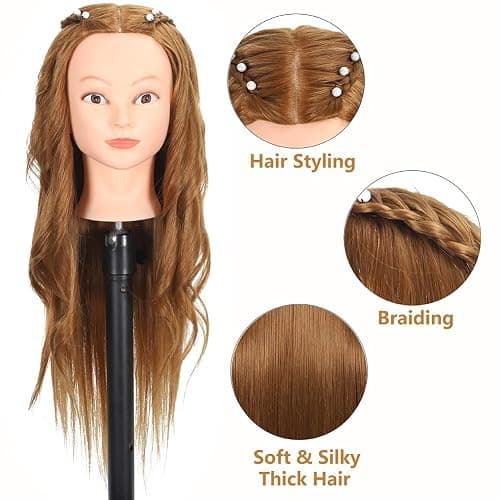 ZOMOI Mannequin Head with 80% Real Human Hair 26''-28"Cosmetology Mannequin Doll Head to Practice Hair Styles Hairdresser Practice Braiding Head(27# Light Brown) thumbnail 3