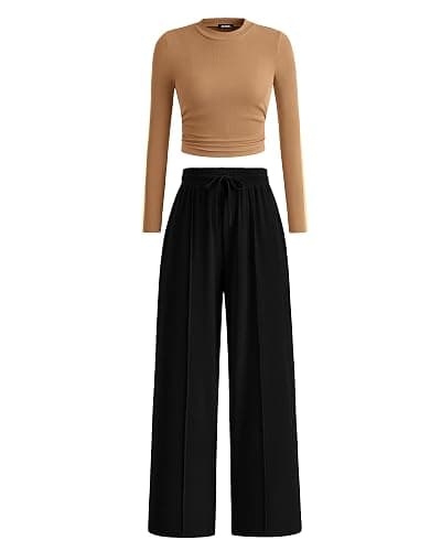 BTFBM Casual 2 Piece Sets For Women Fall Outfits 2025 Ribbed Long Sleeve Crop Top Wide Leg Pants Matching Lounge Set - Image 1