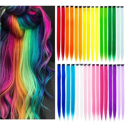 KGBFASS 32Packs Colored Hair Extensions 20Inch Straight Color Clip in on Hair Extension Rainbow Party Highlights Synthetic Hairpiece for Girls (16 colors) - Rainbow color-32Pcs - Image 1
