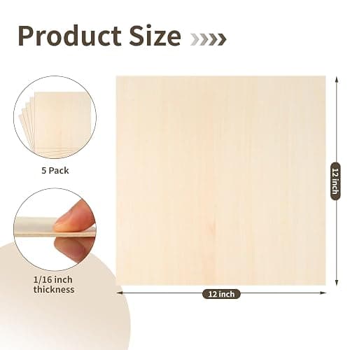 Balsa Wood Sheet, 5 Pack Plywood Sheets, Basswood Sheets 12X12X1/16 Inch, Unfinished Wood Boards Blanks for Laser Cutting, Engraving, Burning, Crafts thumbnail 2