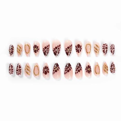 MERVF Almond Press on Nails Medium Fake Nails Brown French Tip Glue ons Fall Flower Acrylic Nail Gold Stiletto False with 3D Design Glossy 24pcs thumbnail 4
