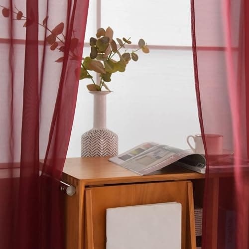 SpaceDresser Sheer Voile Window Treatment Rod Pocket Curtain Panels for Kitchen Bedroom Living Room Drapes Sunlight Filtering Privacy Semi Home Decor Assorted Colors Sizes (Burgundy, 52 W x 45 L) thumbnail 4