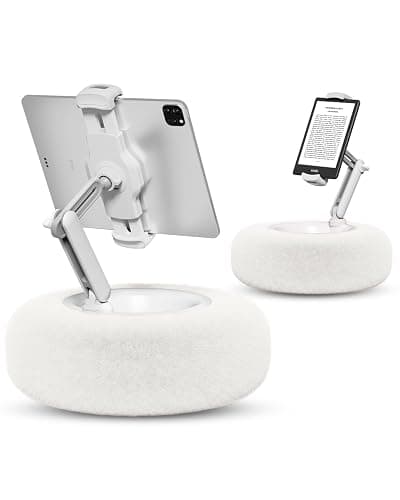 Viozon Tablet Stand Pillow, Compatible with 4.7"-13" Phone/Tablet, iPad, iPhone, Samsung, Google, Kindle, 360°Adjustable Phone Holder for Bed with Soft Plush Fabric, and Detachable Bowl, White - Image 1