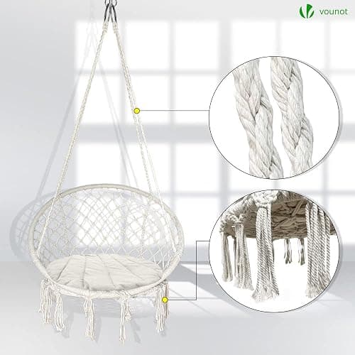 VOUNOT Swing Chair with Round Seat Cushion, Macrame Hammock Hanging Chair for Indoor, Outdoor, Beige thumbnail 6