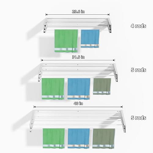 Laundry Drying Rack Collapsible, Wall Mounted, Clothes Drying Rack, 31.5" Wide, 13.2 Linear Ft, 5 Aluminum Rods, 60 lb Capacity, Laundry Racks for Drying Clothes with Wall Template(White 31.5" ) - White - 31.5'' thumbnail 8
