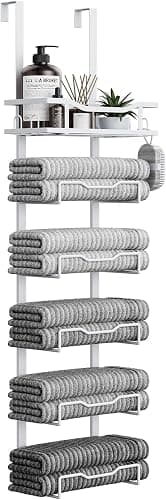 Aetyord Hanging Towel Racks for Bathroom No Drill - Over The Door 6-Tier Bath Towel Storage Organizer for Small Bathrooms - Back Door Large Tiered Towel Holder Hanger for Rolled Towels RV Camper White | 6-Tier Over The Door Bath Towel Storage Organizer with Metal Shelf Basket for Small Bathrooms RV Camper White - Image 1