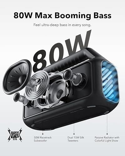 Soundcore Boom 2 by Anker, Outdoor Speaker, 80W, Subwoofer, BassUp 2.0, 24H Playtime, IPX7 Waterproof, Floatable, RGB Lights, USB-C, Custom EQ, Bluetooth 5.3, Portable for Camping and Beach - Black thumbnail 2