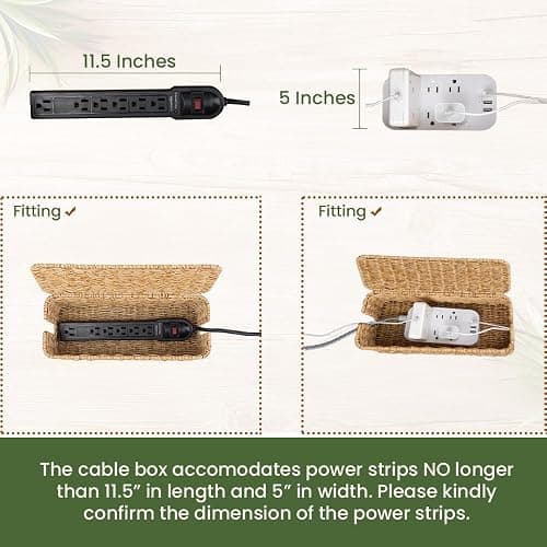 Cable Management Box, Handmade Rattan Cable Organizer, 2 Open Slots Cords Hider Box, Under Desk Cord Organizer for Computer Router USB Hub & Power Strip, Patent Pending, 13" x 5.1" x 5.1", Natural thumbnail 3