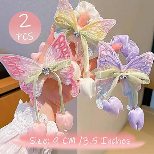 Ouliget Butterfly Satin Scrunchies,Cute Elastic Toddle Hair Ties with Bows and Flowers Colorful,Creative Hair Ties Ponytail Decorative Headwear for Christmas Party Decoration thumbnail 5