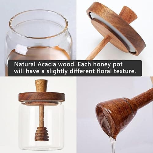 hiwafifi Glass Honey Jar with Dipper and Lid, 14 OZ Airtight Honeypot with Acacia Wood Lid, Coffee Syrup Dispenser, Round Honey Storage Container, Kitchen Dining Gifts for Her Bar Accessories thumbnail 5