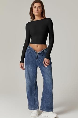 QINSEN Women's Crew Neck Open Back Long Sleeve Basic Crop Tops Stretch Backless Going Out Tee Shirt thumbnail 3