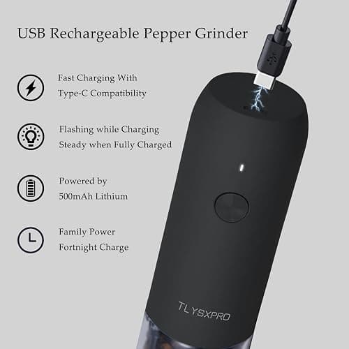 Electric Salt and Pepper Grinder Set with USB Rechargeable, Automatic One Hand Operation with Adjustable Coarseness, Pepper Mill Grinder Refillable with LED Light (2 Packs, Black&White) thumbnail 5