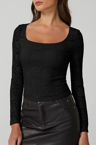 QINSEN Chic Floral Lace Crop Tops for Women Slimming Fit Long Sleeve Square Neck Going Out Basic Shirts thumbnail 4