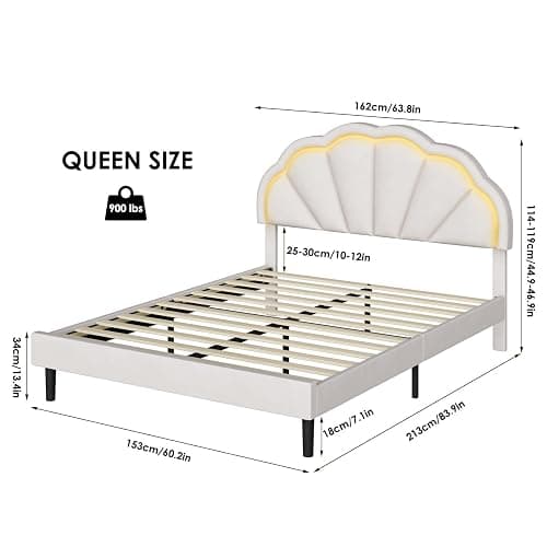 HIFIT Queen Upholstered Smart LED Bed Frame with Adjustable Chic Petal Headboard, Soft Princess Queen Size Platform Bed Frame for Girls, Wooden Slat Support, No Box Spring Needed, Easy Assembly, Beige thumbnail 2