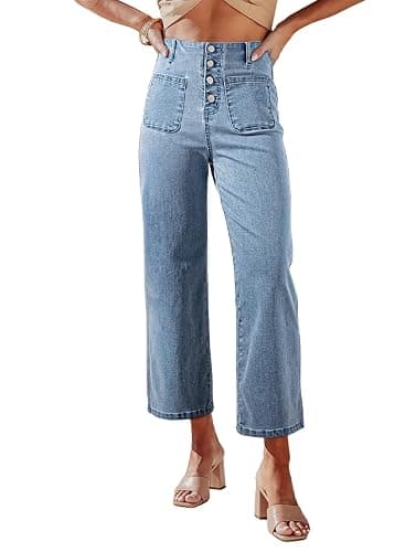 Sidefeel Women's Wide Leg Jeans High Waisted Zimbaplatinum Stretchy Straight Leg Jeans Buttoned Loose Denim Pants with Pocket - Image 1