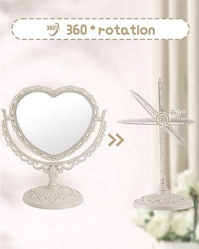 XPXKJ 7 Inch Vintage Heart Mirror - Elegant Desk Makeup Mirror with Double Sided 360 Degree Rotation Vanity Mirror for Coquette Room Decor - Beige thumbnail 5