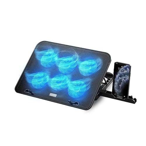 NK Base de Refroidissement Portable - Ventilateur pour Ordinateur Portable 12-17", Réglables en Hauteur, 6 Ventilateurs Silencieux, 2 Ports USB, Refroidissement Rapide, lumière LED Bleue - Noire - Image 1