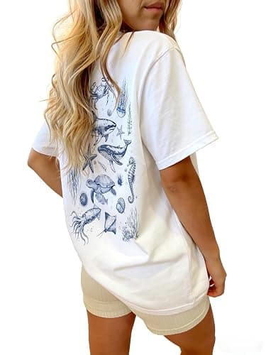 Women Teens Girl Oversized Graphic Shirts Short Sleeve Floral Baggy Tees Y2K Cute Aesthetic Summer Coastal Tops thumbnail 5