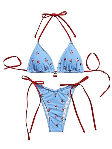 WDIRARA Women's 2 Piece Swimsuit Cherry Print Side Tie Halter Bikini Set | Self Tie Thong,Summer Beachwear,Side Tie,Halter Triangle,Vacation,Cute String Bathing Suits - Image 1