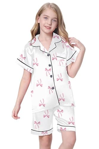 Schbbbta Girls Womens Pajamas, Satin Silky Pjs Set Kids 2Pcs Button-Down Nightwear Sleepwear Gift for Mommy and me thumbnail 4
