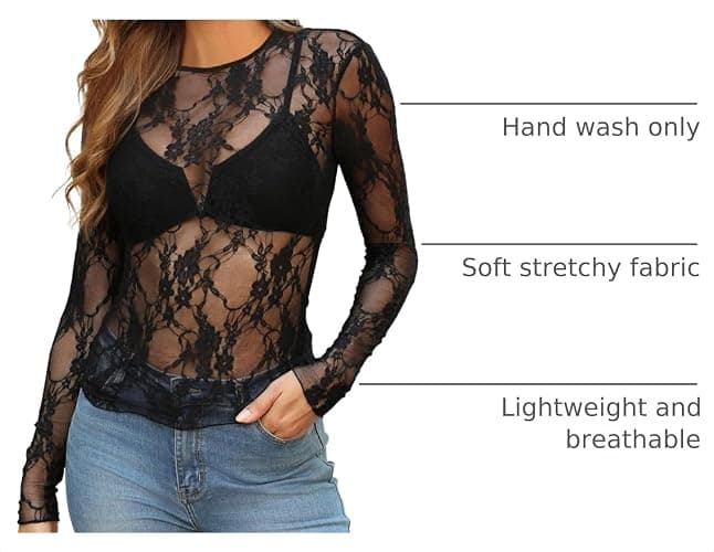 OFEEFAN Womens Mesh Tops Lace Long Sleeve Shirts Crewneck Slim Fitted Outfits See Through Blouses thumbnail 4
